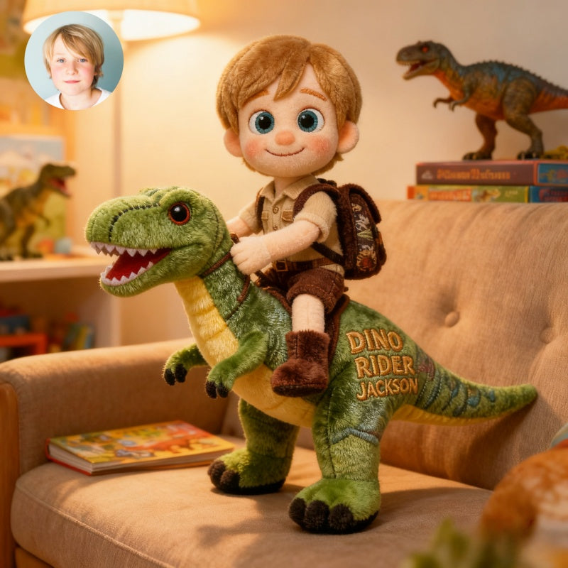 Custom cartoon portrait style dinosaur rider pillow