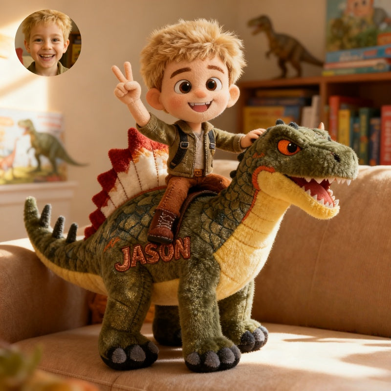 Custom cartoon portrait style dinosaur rider pillow