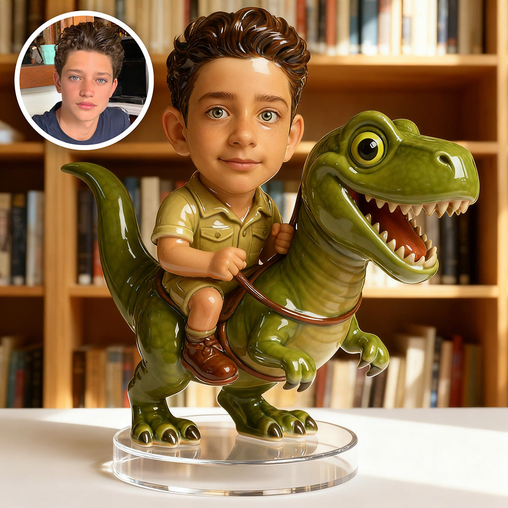 Personalized Cartoon Dinosaur Rider Ceramic Style Portrait