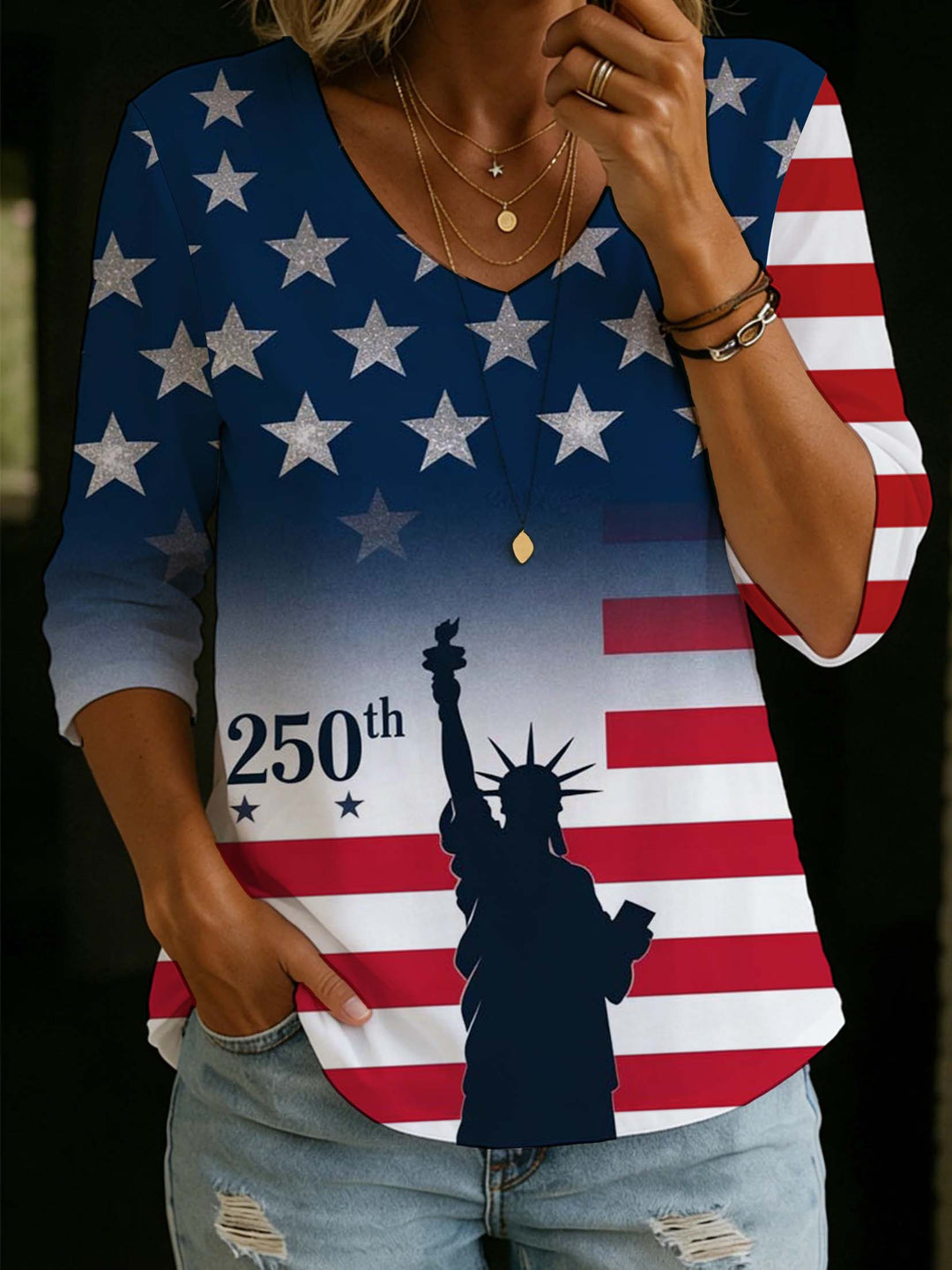 Women'S Independence Day 250Th Anniversary Founding Commemorative Print V-Neck Five Point T-Shirt