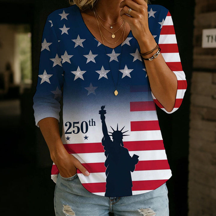 Women'S Independence Day 250Th Anniversary Founding Commemorative Print V-Neck Five Point T-Shirt